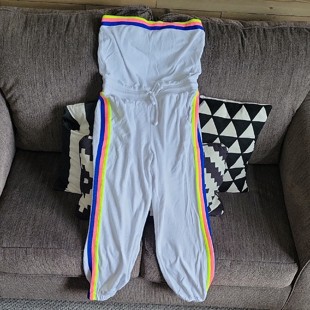 White Jumpsuit with Rainbow Stripes